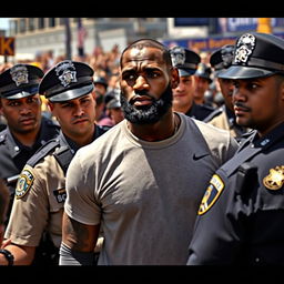 A dramatic scene depicting a fictional police arrest involving LeBron James