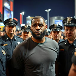 A dramatic scene depicting a fictional police arrest involving LeBron James