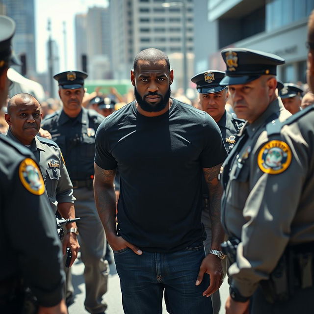 A dramatic scene depicting a fictional police arrest involving LeBron James