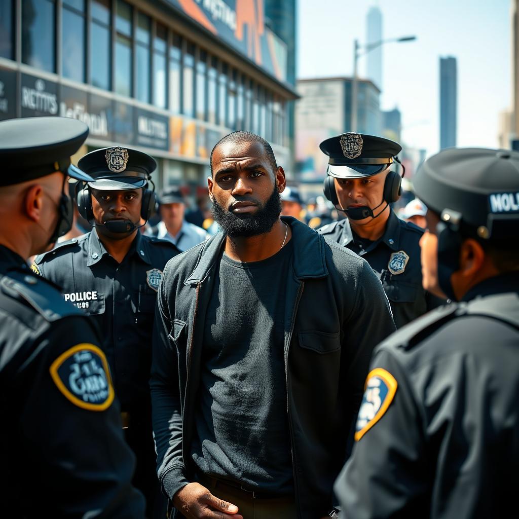 A dramatic scene depicting a fictional police arrest involving LeBron James