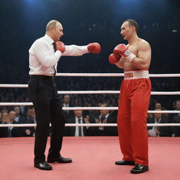 Vladimir Putin and Wladimir Klitschko, both in formal attire, staging a friendly pretend boxing match in a ring located with the backdrop of a significant Russian location