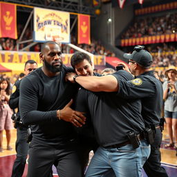 A dramatic scene capturing a tense moment where a fan is seen attempting to punch LeBron James during a public event, with LeBron showing a look of surprise and concern