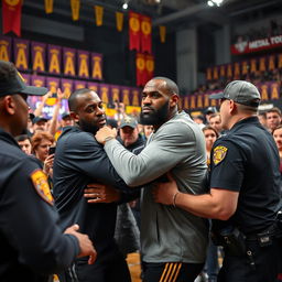 A dramatic scene capturing a tense moment where a fan is seen attempting to punch LeBron James during a public event, with LeBron showing a look of surprise and concern