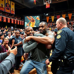 A dramatic scene capturing a tense moment where a fan is seen attempting to punch LeBron James during a public event, with LeBron showing a look of surprise and concern