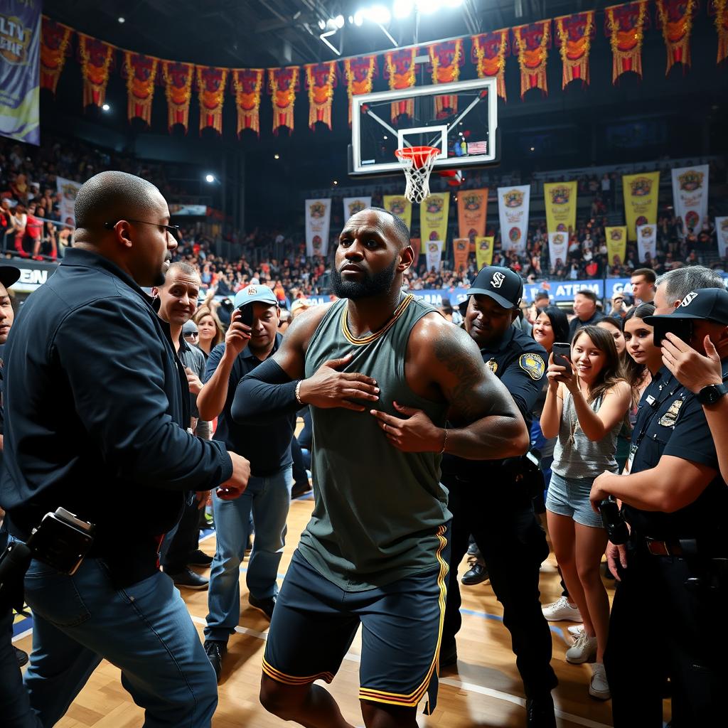 A dramatic scene capturing a tense moment where a fan is seen attempting to punch LeBron James during a public event, with LeBron showing a look of surprise and concern