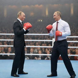 Vladimir Putin and Wladimir Klitschko, both in formal attire, staging a friendly pretend boxing match in a ring located with the backdrop of a significant Russian location