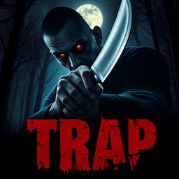 A chilling horror movie poster for 'Trap', featuring the terrifying villain Daniel Baston