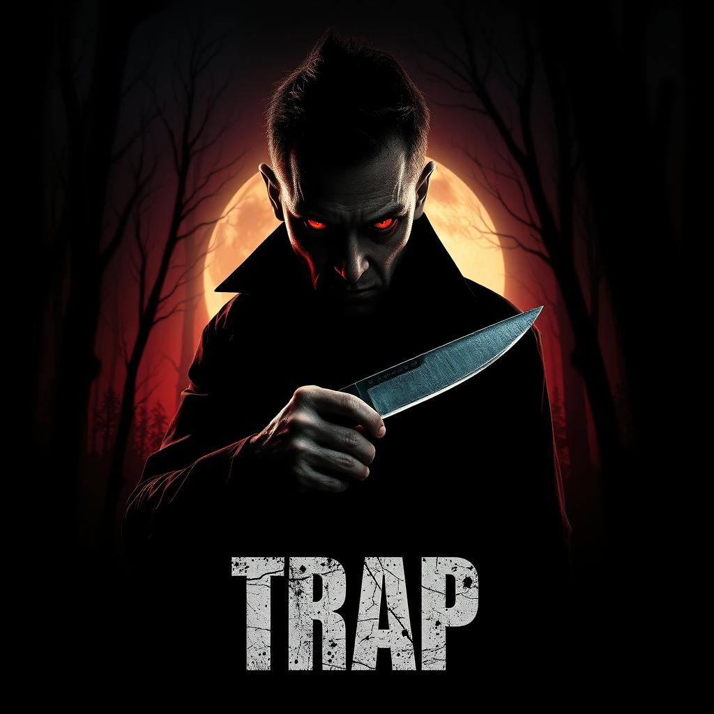 A chilling horror movie poster for 'Trap', featuring the terrifying villain Daniel Baston