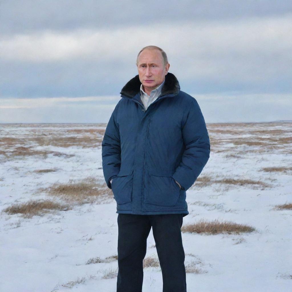 Vladimir Putin standing in the harsh yet beautiful landscape of Yamal, Russia, with the vast tundra stretching out behind him under a bright, cold sky