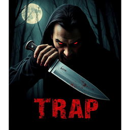 A chilling horror movie poster for 'Trap', featuring the terrifying villain Daniel Baston