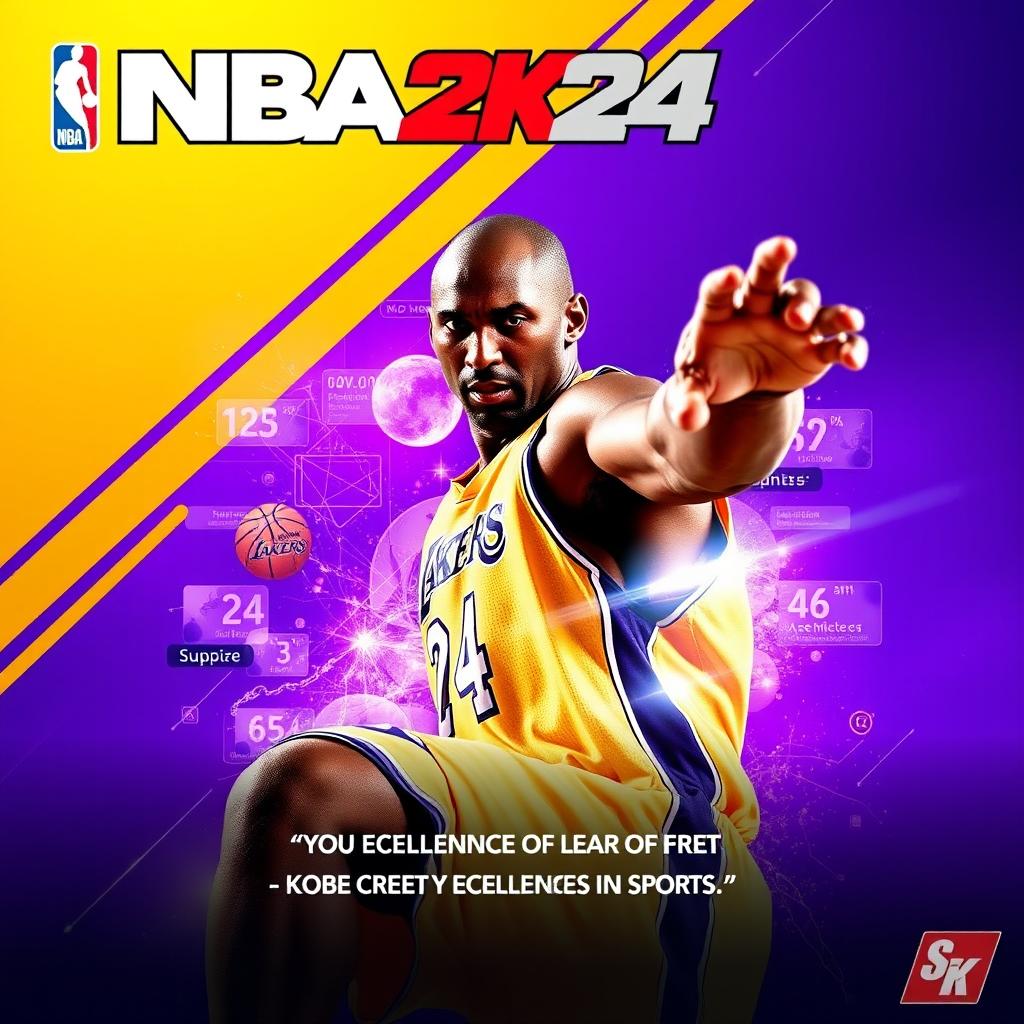 An electrifying and vibrant poster for the video game NBA 2K24, prominently featuring Kobe Bryant in a stylish and dynamic pose that showcases his iconic playing style