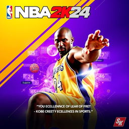 An electrifying and vibrant poster for the video game NBA 2K24, prominently featuring Kobe Bryant in a stylish and dynamic pose that showcases his iconic playing style