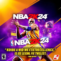 An electrifying and vibrant poster for the video game NBA 2K24, prominently featuring Kobe Bryant in a stylish and dynamic pose that showcases his iconic playing style
