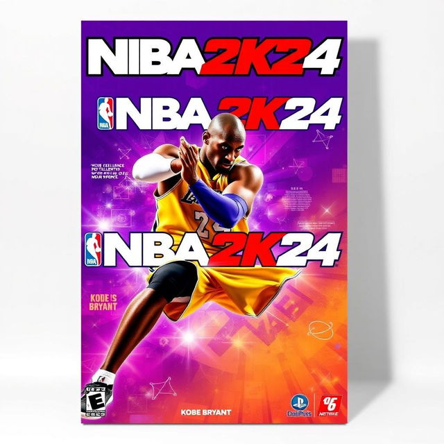 An electrifying and vibrant poster for the video game NBA 2K24, prominently featuring Kobe Bryant in a stylish and dynamic pose that showcases his iconic playing style