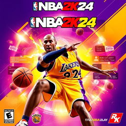 An electrifying and vibrant poster for the video game NBA 2K24, prominently featuring Kobe Bryant in a stylish and dynamic pose that showcases his iconic playing style