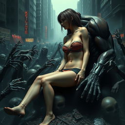 A sad and terrified female resembling Jill Valentine from Resident Evil, wearing a strapless very small bikini that reveals her big cleavage, small panties, and showcasing her sexy legs