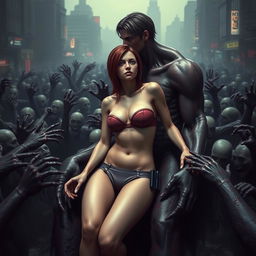 A sad and terrified female resembling Jill Valentine from Resident Evil, wearing a strapless very small bikini that reveals her big cleavage, small panties, and showcasing her sexy legs