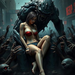 A sad and terrified female resembling Jill Valentine from Resident Evil, wearing a strapless very small bikini that reveals her big cleavage, small panties, and showcasing her sexy legs