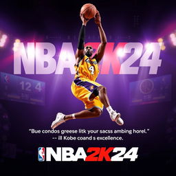 An exhilarating poster for the video game NBA 2K24 featuring Kobe Bryant in mid-air, performing a spectacular dunk that captures his athleticism and legendary skills