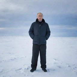 Vladimir Putin standing in the harsh yet beautiful landscape of Yamal, Russia, with the vast tundra stretching out behind him under a bright, cold sky