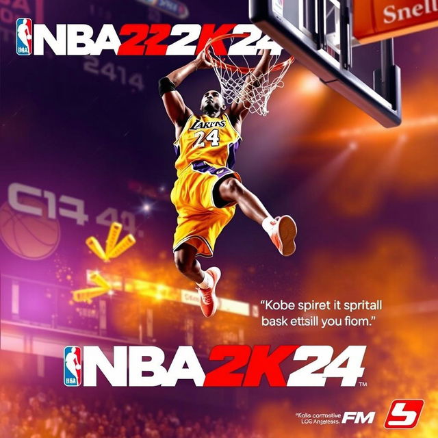 An exhilarating poster for the video game NBA 2K24 featuring Kobe Bryant in mid-air, performing a spectacular dunk that captures his athleticism and legendary skills