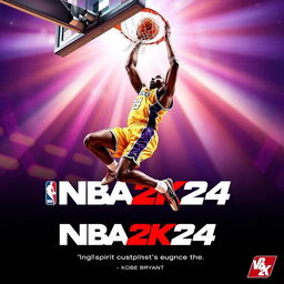 An exhilarating poster for the video game NBA 2K24 featuring Kobe Bryant in mid-air, performing a spectacular dunk that captures his athleticism and legendary skills