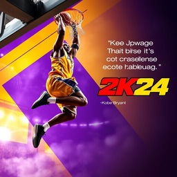 An exhilarating poster for the video game NBA 2K24 featuring Kobe Bryant in mid-air, performing a spectacular dunk that captures his athleticism and legendary skills