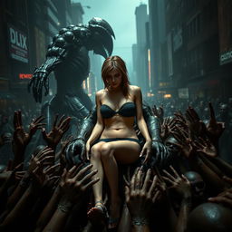 A sad and terrified female resembling Jill Valentine from Resident Evil, wearing a strapless very small bikini that reveals her big cleavage and small panties, highlighting her sexy legs