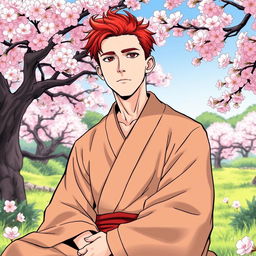 A handsome 28-year-old man with striking red hair, dressed in simple but elegant monk robes, sitting in a serene garden surrounded by cherry blossom trees