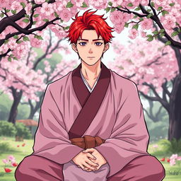 A handsome 28-year-old man with striking red hair, dressed in simple but elegant monk robes, sitting in a serene garden surrounded by cherry blossom trees