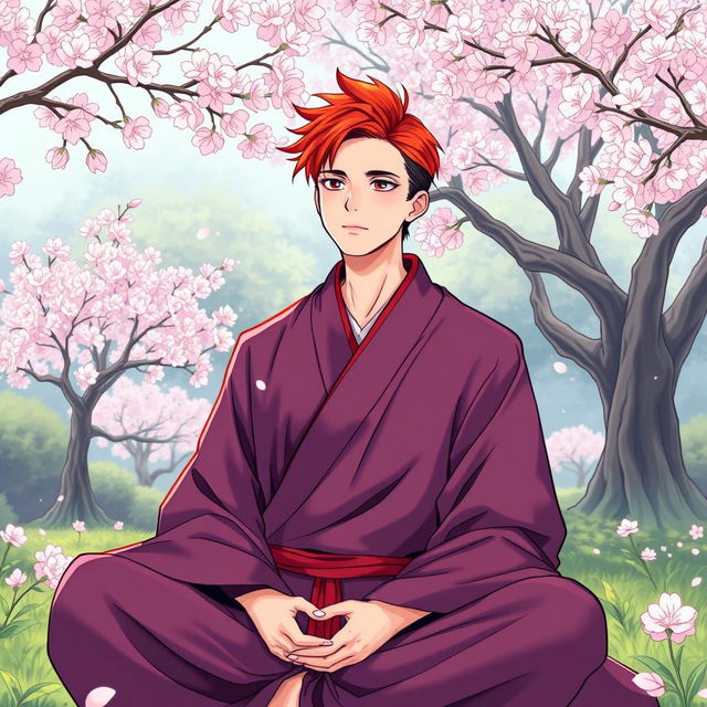 A handsome 28-year-old man with striking red hair, dressed in simple but elegant monk robes, sitting in a serene garden surrounded by cherry blossom trees