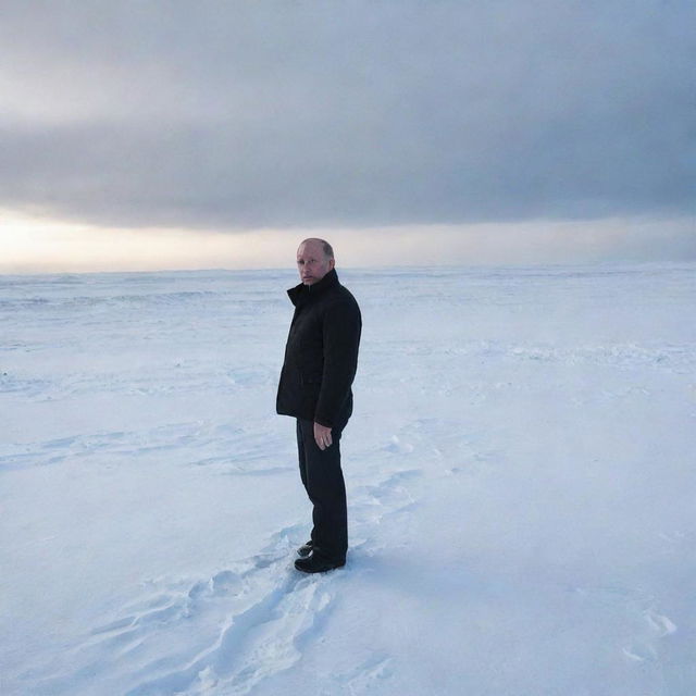 Vladimir Putin standing in the harsh yet beautiful landscape of Yamal, Russia, with the vast tundra stretching out behind him under a bright, cold sky