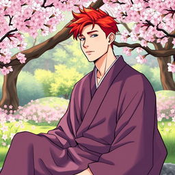 A handsome 28-year-old man with striking red hair, dressed in simple but elegant monk robes, sitting in a serene garden surrounded by cherry blossom trees