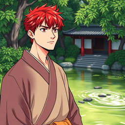 A handsome 28-year-old man with striking red hair, wearing traditional monk robes, exuding a calm and serene aura