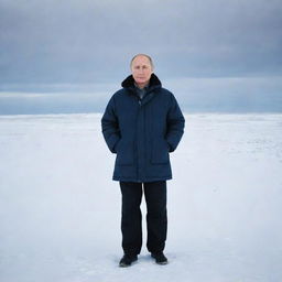 Vladimir Putin standing in the harsh yet beautiful landscape of Yamal, Russia, with the vast tundra stretching out behind him under a bright, cold sky