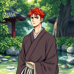 A handsome 28-year-old man with striking red hair, wearing traditional monk robes, exuding a calm and serene aura