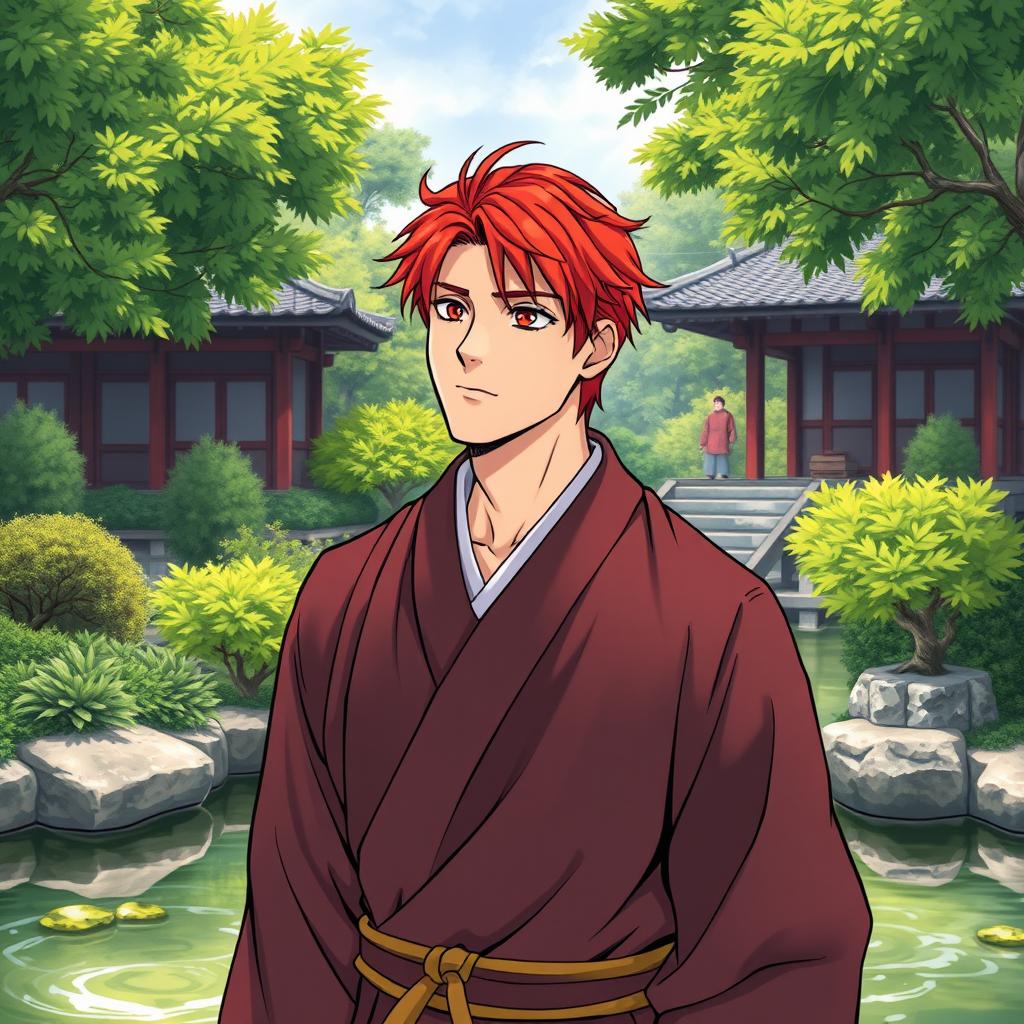 A handsome 28-year-old man with striking red hair, wearing traditional monk robes, exuding a calm and serene aura