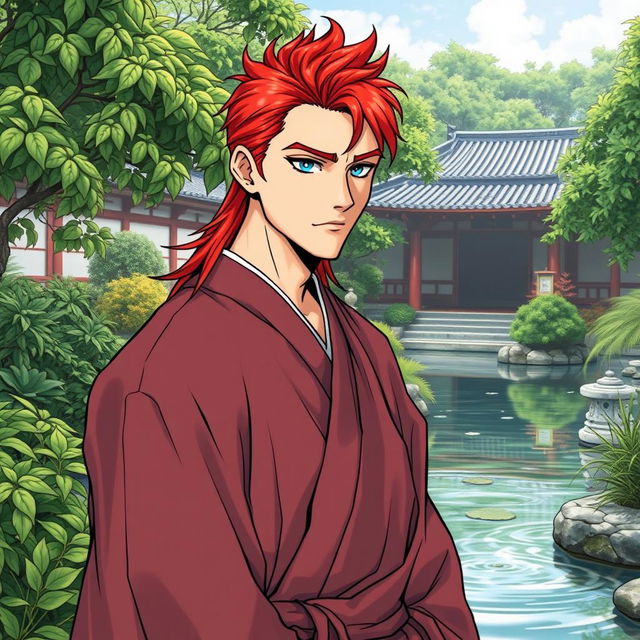 A handsome 28-year-old man with striking red hair, wearing traditional monk robes, exuding a calm and serene aura