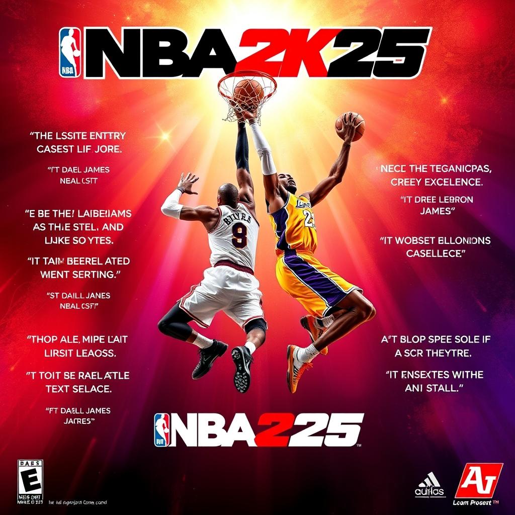 An exciting and bold poster for the video game NBA 2K25 featuring LeBron James and Kobe Bryant soaring through the air in a breathtaking dunk