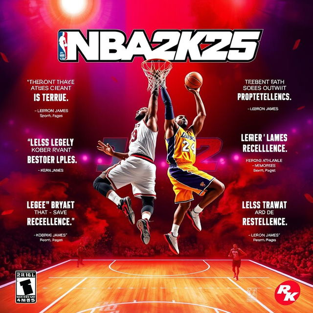 An exciting and bold poster for the video game NBA 2K25 featuring LeBron James and Kobe Bryant soaring through the air in a breathtaking dunk