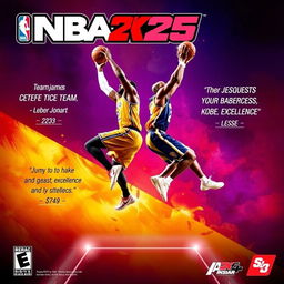 An exciting and bold poster for the video game NBA 2K25 featuring LeBron James and Kobe Bryant soaring through the air in a breathtaking dunk