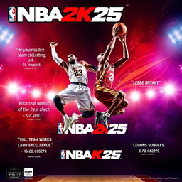 An exciting and bold poster for the video game NBA 2K25 featuring LeBron James and Kobe Bryant soaring through the air in a breathtaking dunk