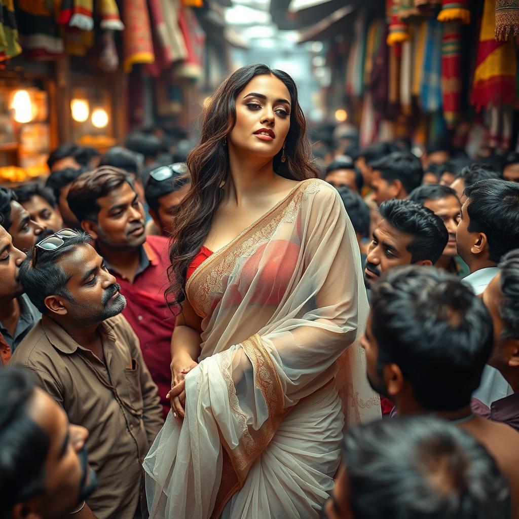 A sensual and captivating scene of a beautiful Arab woman wearing a transparent saree, exuding elegance and allure