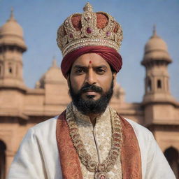 A majestic portrait of Shivaji Raje, the prominent Indian king, draped in traditional royal attire, with his crown depicting his glory and pride, against a backdrop of magnificent architecture of 17th century India