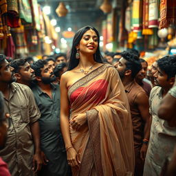 A sensual and captivating scene of a beautiful Arab woman wearing a transparent saree, exuding elegance and allure