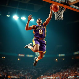A stunning action shot of Kobe Bryant in his iconic number 8 jersey, soaring through the air for a powerful dunk