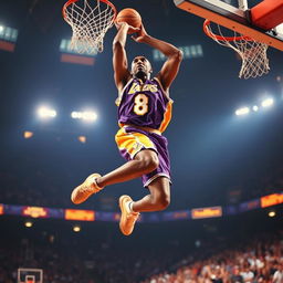 A stunning action shot of Kobe Bryant in his iconic number 8 jersey, soaring through the air for a powerful dunk