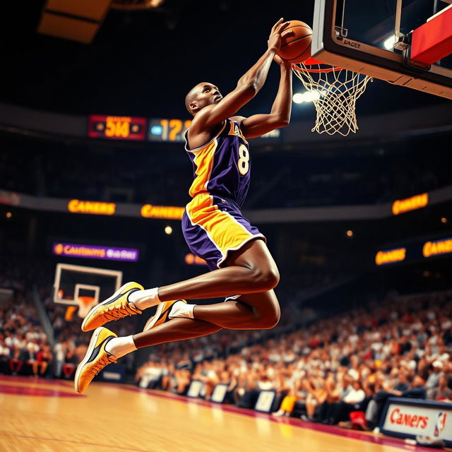 A stunning action shot of Kobe Bryant in his iconic number 8 jersey, soaring through the air for a powerful dunk