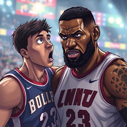 A dramatic and intense illustration capturing LeBron James in an unexpected confrontational moment with a fan