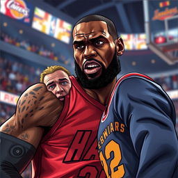 A dramatic and intense illustration capturing LeBron James in an unexpected confrontational moment with a fan